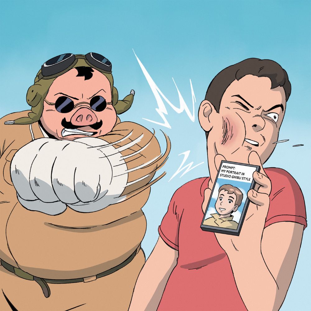 Human made illustration of Marco, main character of the film Porco Rosso, punching a dude who's holding a phone showing his AI generated portrait in Studio Ghibli style.