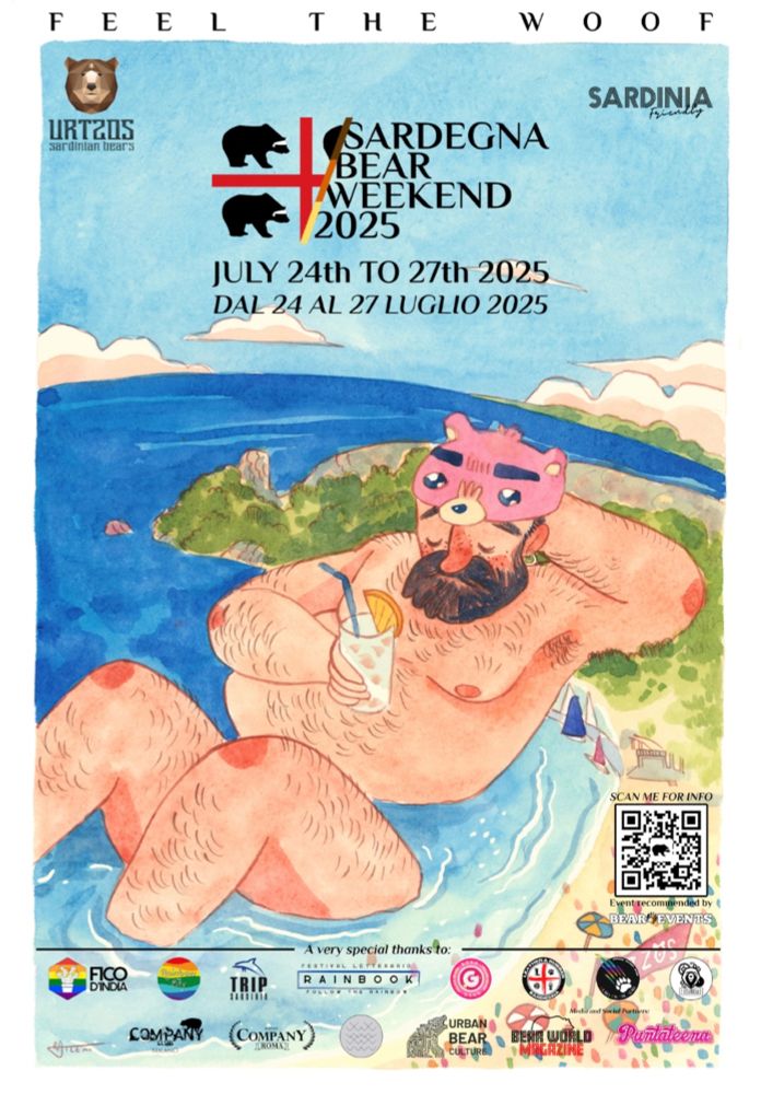 Poster for the Sardegna Bear Weekend 2025. The illustration made in traditional media is depicting a giant burly man lying in the water by the shore of a crowded Sardinian beach. He's holding a cocktail and wearing a pink bear-shaped hat.