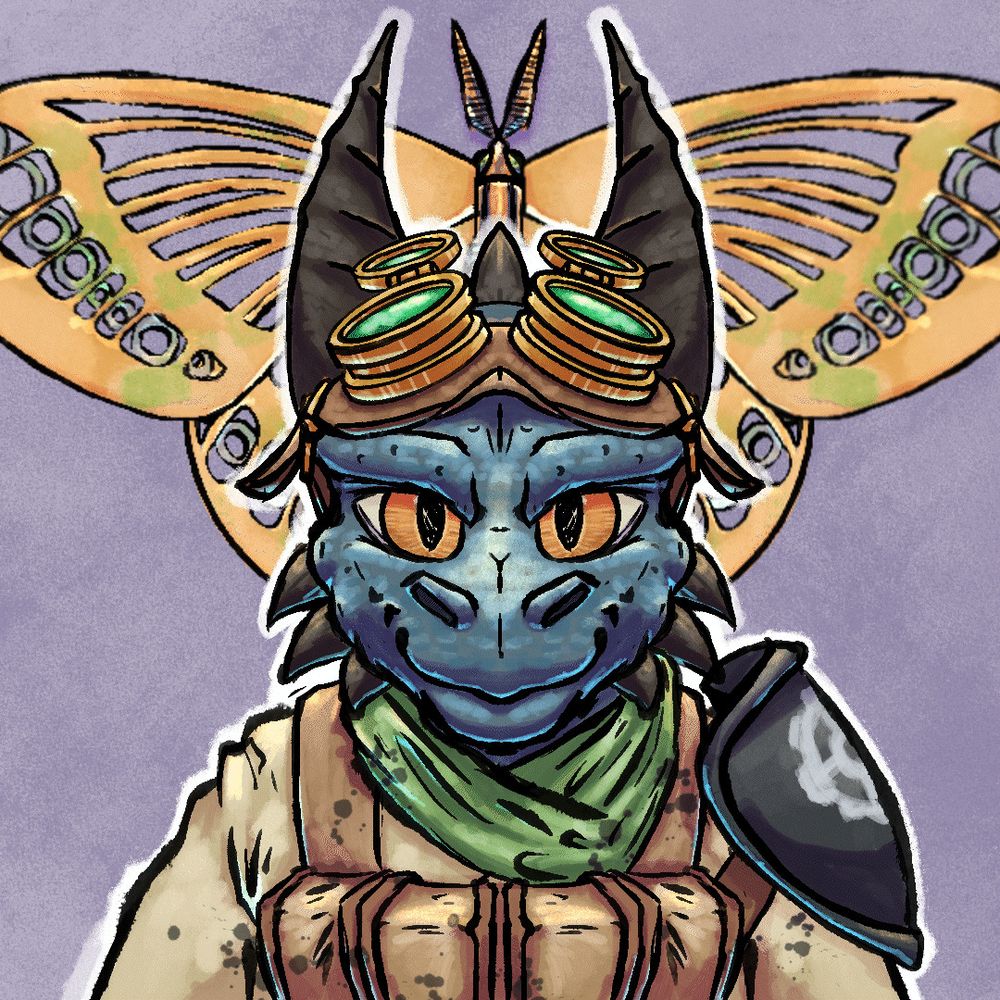Basteln the kobold artificer in the foreground, with a brass moth in the background. The artificer infusion Homunculus Servant is what powers the mechanical moth, named Copper.