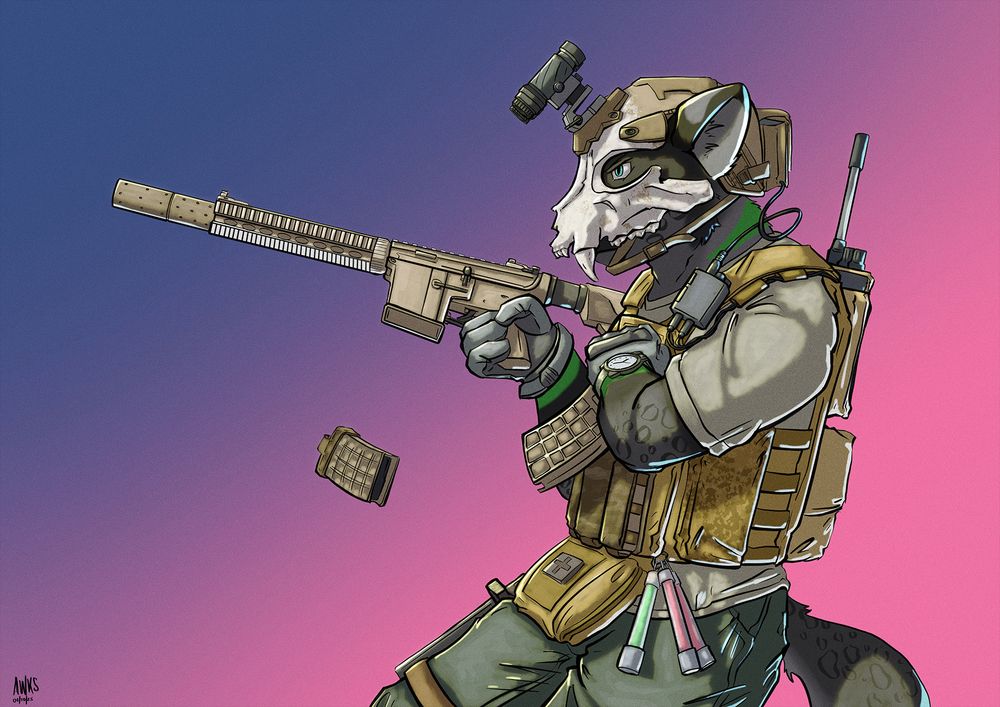 An anthropomorphic black panther is decked out in tactical gear, wearing a helmet that has been modified to look like a skull. He's midway through reloading an AR15 style rifle.