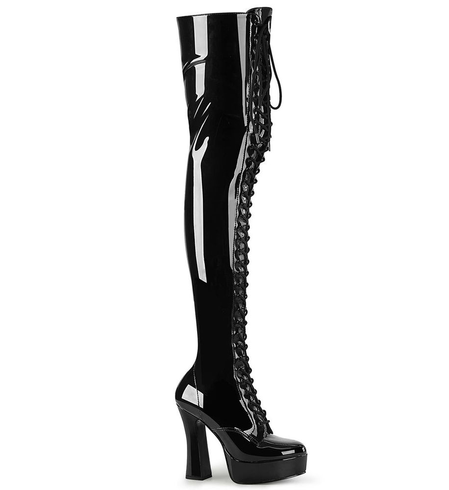 Pleasers, Electra 3023 thigh high boots with chunky heel in black pvc.

https://highheels.com.au/products/ele3023-b?variant=39268144676927