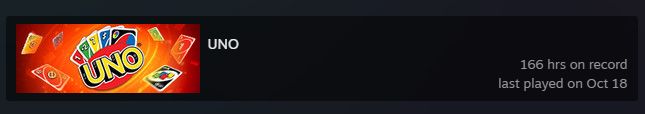 Steam showing that user has 166 hours played in uno
