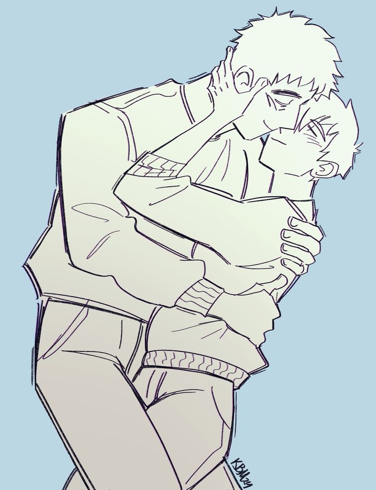 A drawing of Reigen and Serizawa from Mob Psycho 100. The background is light blue. They're uncolored, but there is a slight grayish gradient on them.
They are embracing. Reigen is reaching up to hold Serizawa's face, looking up at him with a small smile. Serizawa has one arm around Reigen's upper back, the other is around his waist, looking down at him and smiling.