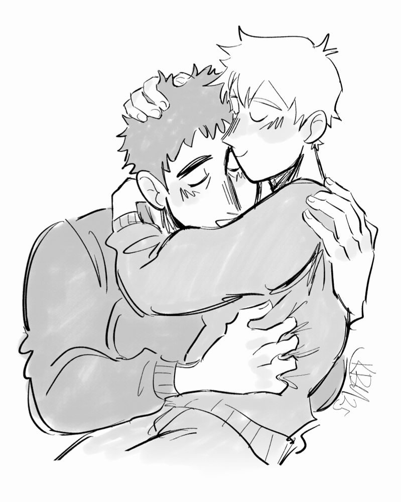 A drawing of Reigen and Serizawa, shaded in light grays on a white background.

Reigen is sitting in Serizawa's lap, his arms around his shoulders, one hand resting in his hair. He's smiling, looking content with his eyes closed. Serizawa is holding Reigen, his head under his head. He's clutching Reigen around his torso, bunching his pajama shirt. His other hand is around Reigen's upper back.