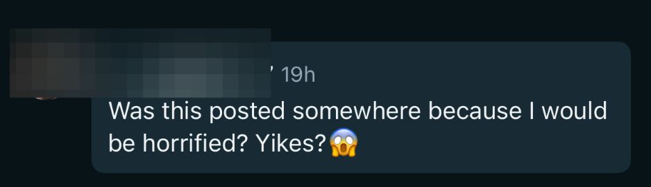 "Was this posted somewhere because I would be horrified? Yikes?"