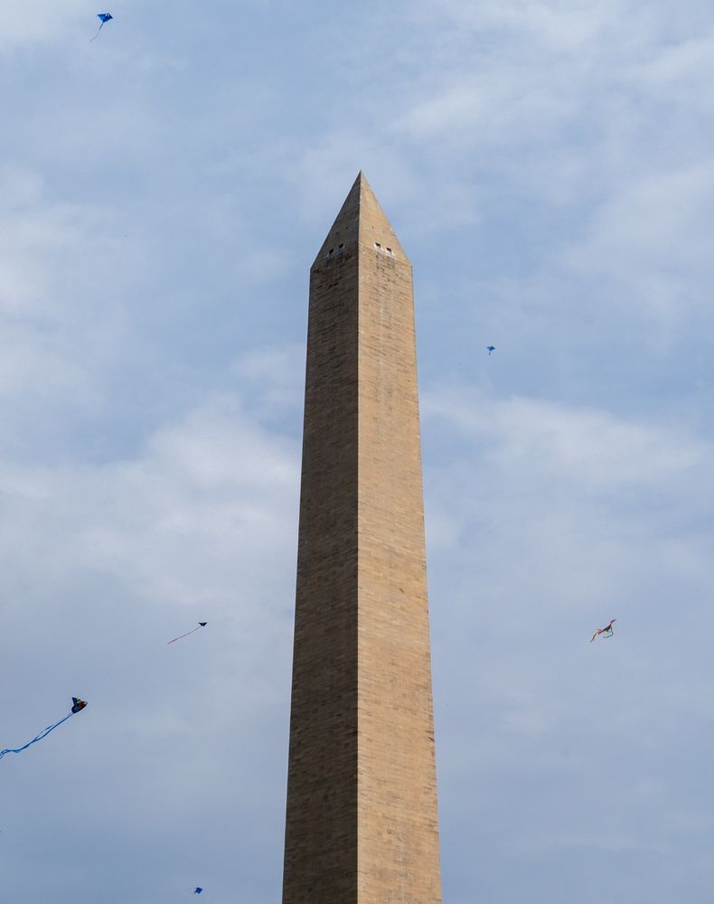 Washington monument with a sharp shadow on one face and kites flying around it 