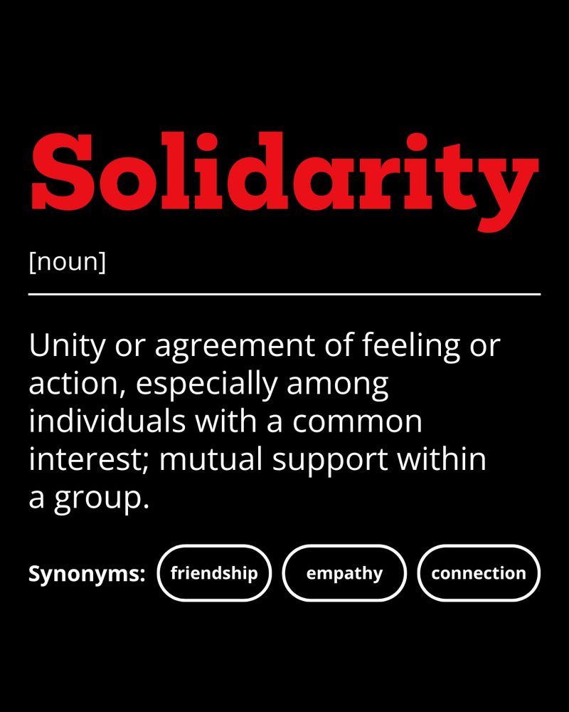 Graphic with a definition for solidarity. Unity or agreement of feeling or action, especially among individuals with a common interest; mutual support within a group.