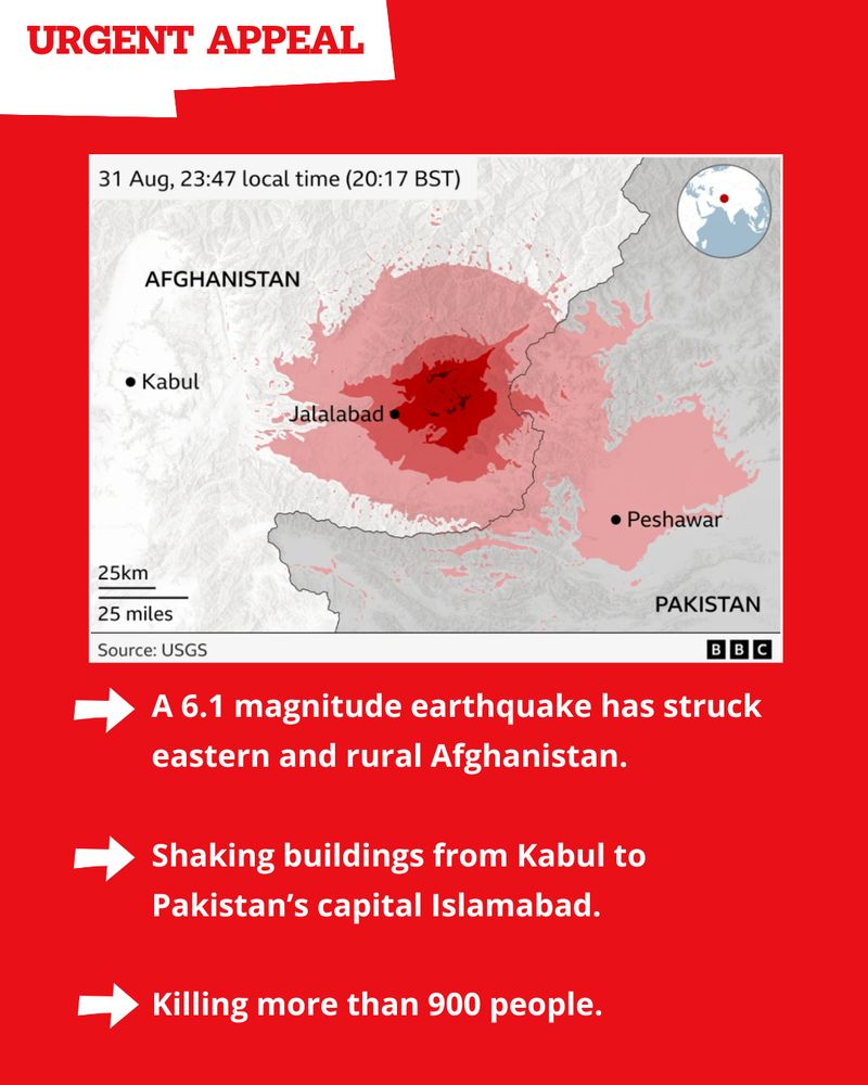Graphic with a image of a map of the earthquake with the text: 
A 6.1 magnitude earthquake has struck eastern and rural Afghanistan.
Shaking buildings from Kabul to Pakistan’s capital Islamabad. 
Killing more than 900 people.