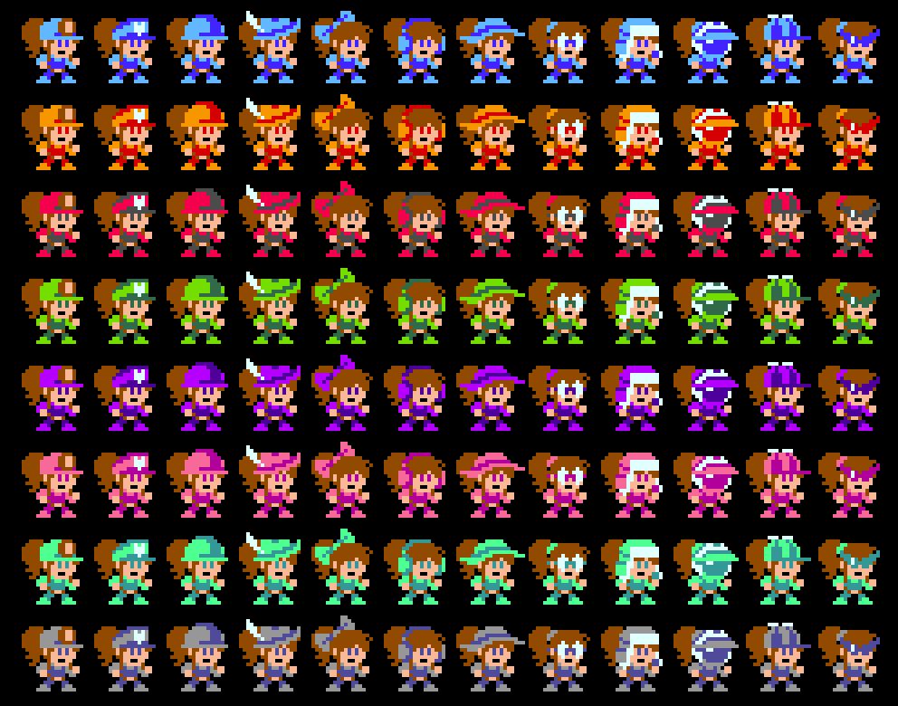 Sprites of Annalynn wearing a wide arrange of different hats with different palettes.

Hats: Helmet, Conductor, Builder, Feathered, Bow, Headphones, Sun, Glasses, Winter, Rider, Propeller, Shades
Palettes: True Blue, Hot Stuff, Amaranth, Granny Smith, Wicked Purple, Cotton Candy, Minty Fresh, Stone Gray