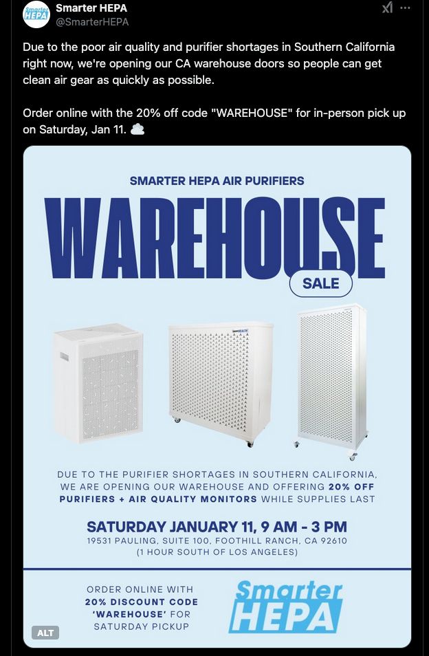 Smarter HEPA Air Purifier Warehouse sale poster. Three white purifiers are shown against a light blue background. Text reads, "Due to the purifier shortages in Southern California, we are opening our warehouse and offering 20% off purifiers and air quality monitors while supplies last." Saturday Jan 11, 9am to 3pm. 19531 Pauling, Suite 100, Foothill Ranch, CA 92610. 1 hour south of Los Angeles. Order online with 20% discount code 'WAREHOUSE' for Saturday pickup. The SmarterHEPA logo is on the bottom right.