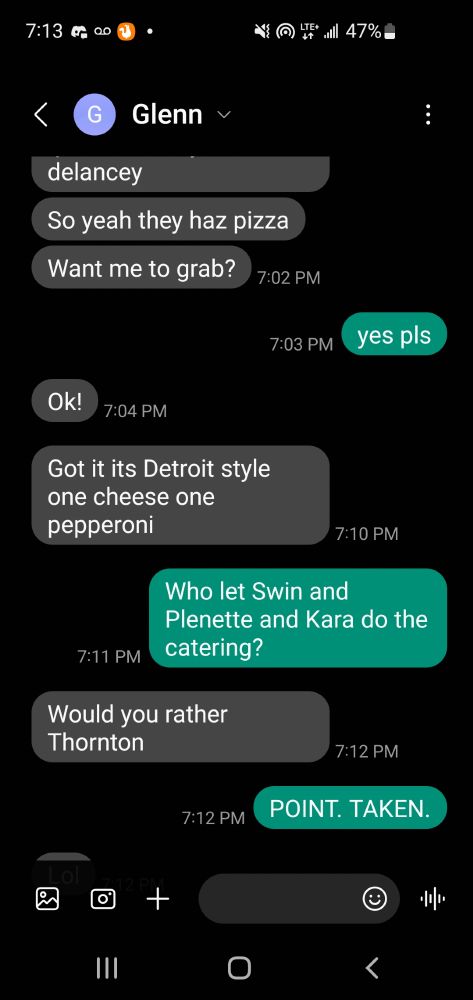 Transcript to follow in separate post when I have a keyboard. It's cheap pizza jokes, though.