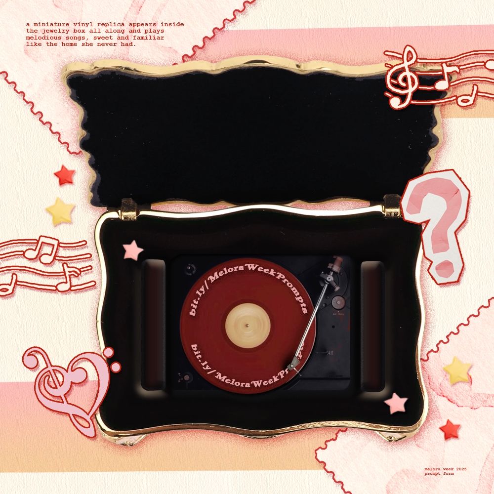 The jewelry box Mel opened earlier reveals a miniature vinyl replica inside of it. The record itself is red; engraved in pink on the vinyl is the link to Melora Week prompts form.