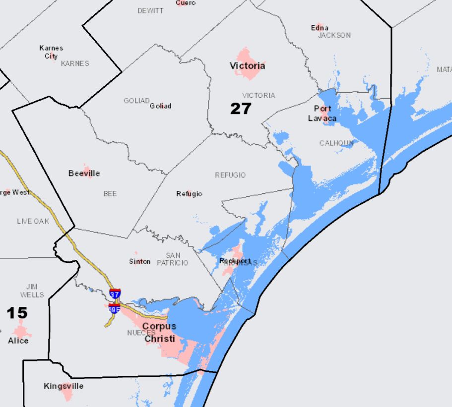 Map of the Coastal Bend area of Texas (Port Lavaca to Corpus Christi), which is all in one district 27 in the current congressional maps)