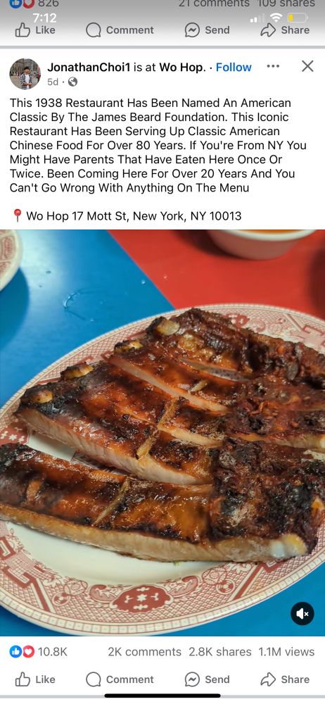 Post from Facebook about a classic Chinese American restaurant being acknowledged by the James Beard foundation