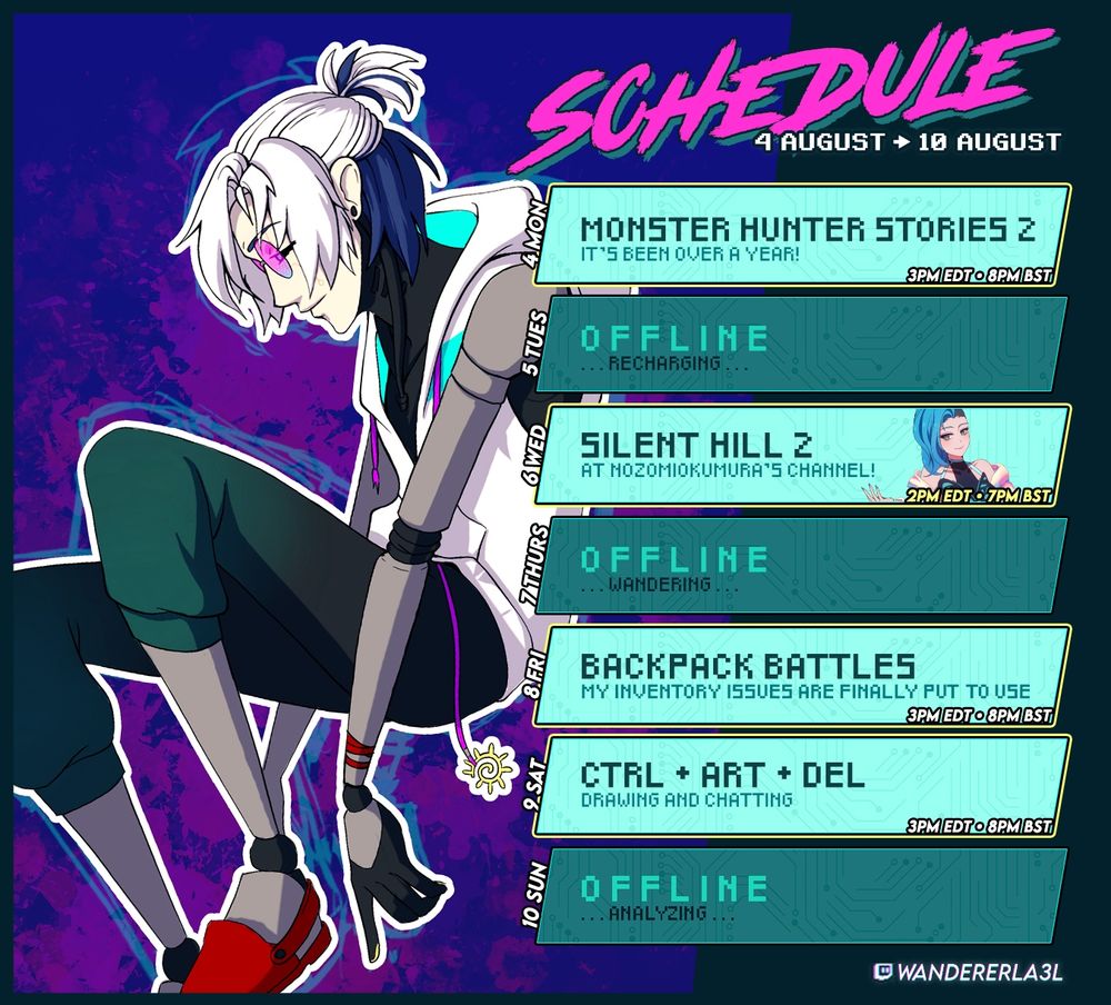 LA3L's Schedule for 4 August - 10 August // MON: Monster Hunter Stories 2 @ 3pm ET // WED: Silent Hill 2 (@NozomiOkumura) @ 2pm ET // FRI: Backpack Battles @ 3pm ET // SAT: Art + Chat @ 3pm ET