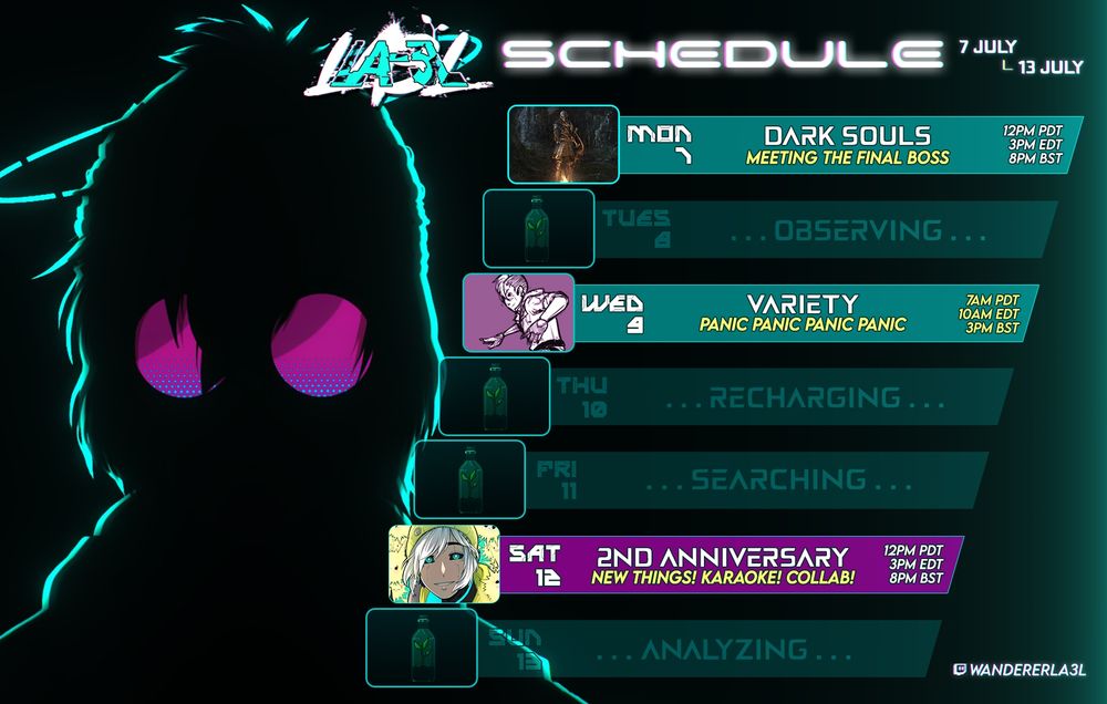 A close-up silhouette of LA3L's upcoming summer outfit, with bright pink sunglasses. || LA3L's stream schedule | MON: Dark Souls @ 3pm ET // WED: Variety @ 10am ET // SAT: ANNIVERSARY STREAM @ 3pm ET