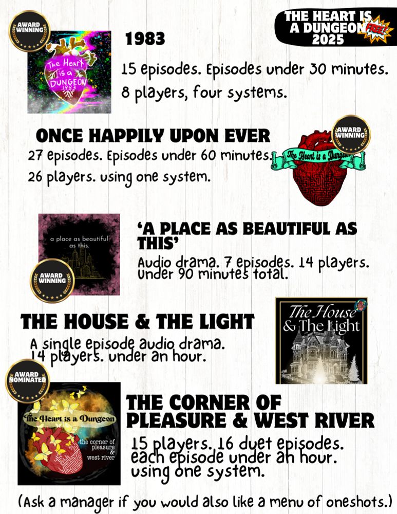 A graphic listing the shows put out by The Heart is a Dungeon podcast.
