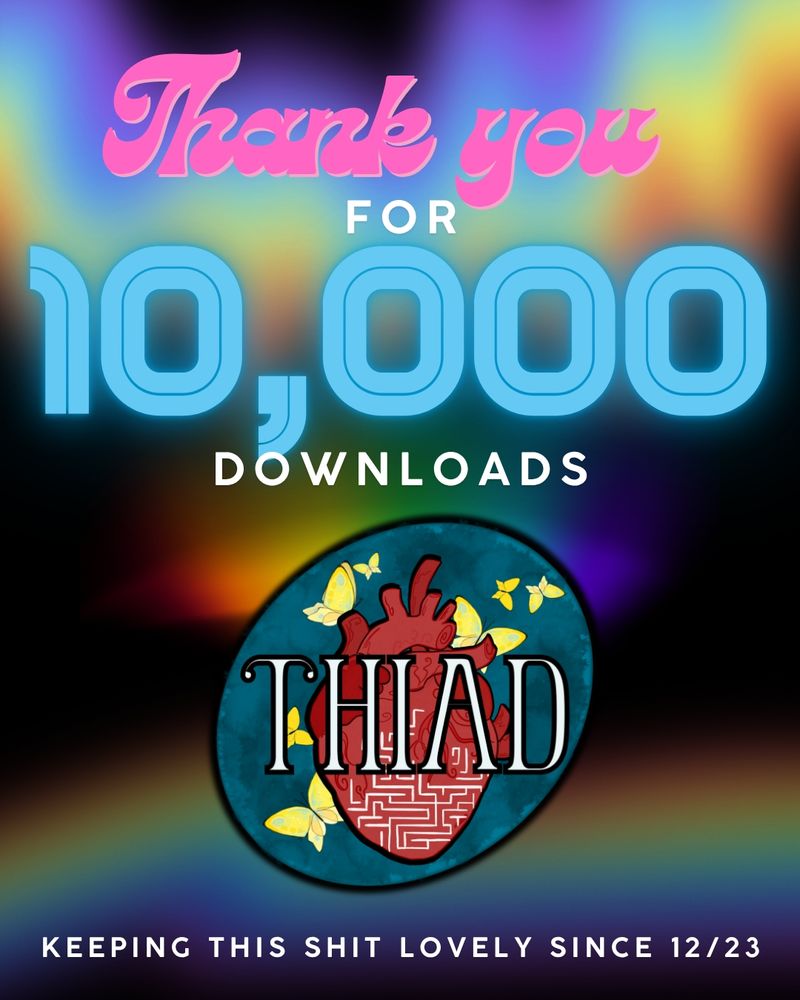 A graphic announcing that the heart is a Dungeon podcast reached 10,000 downloads.