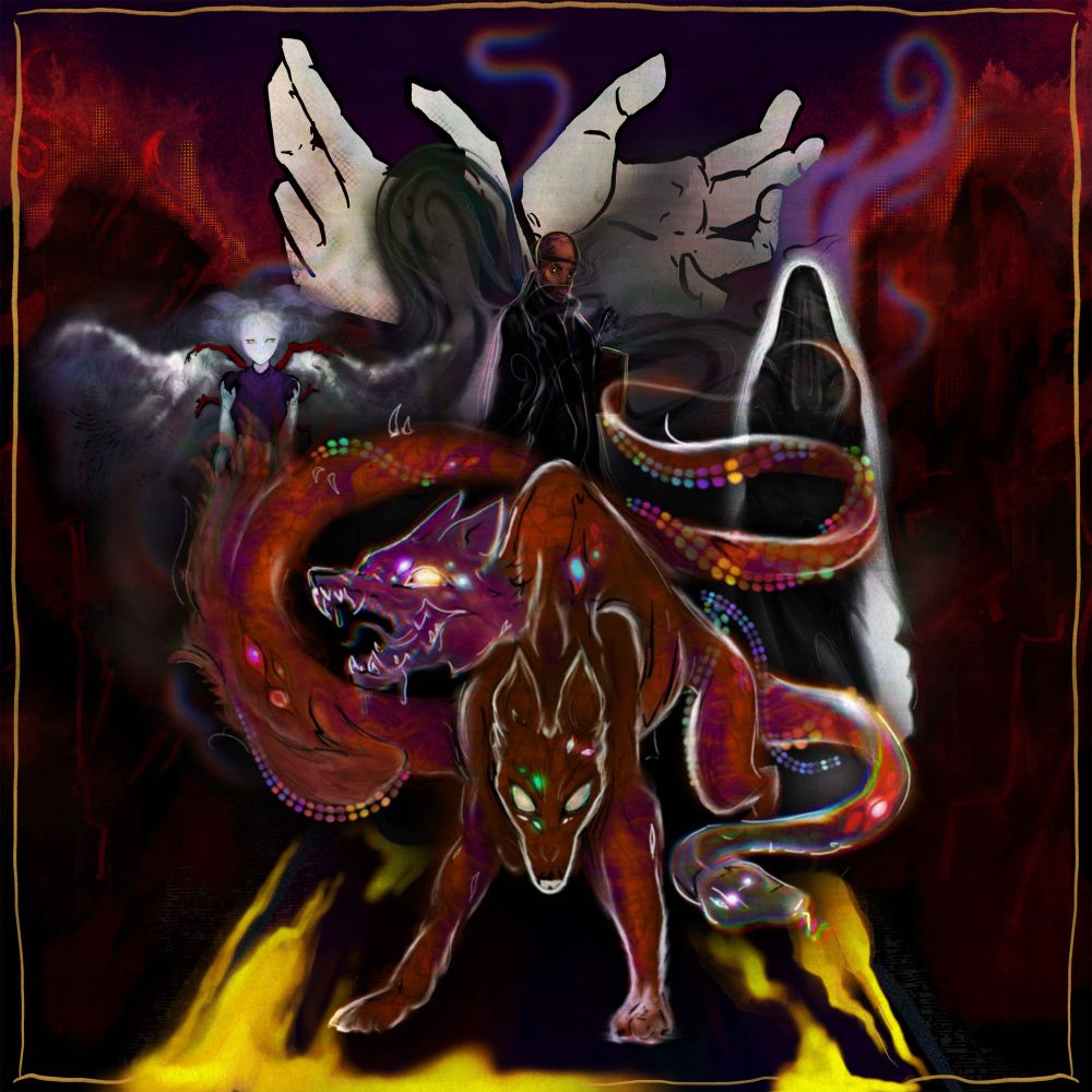 Four god like figures standing in a city that is burning under a red sky 