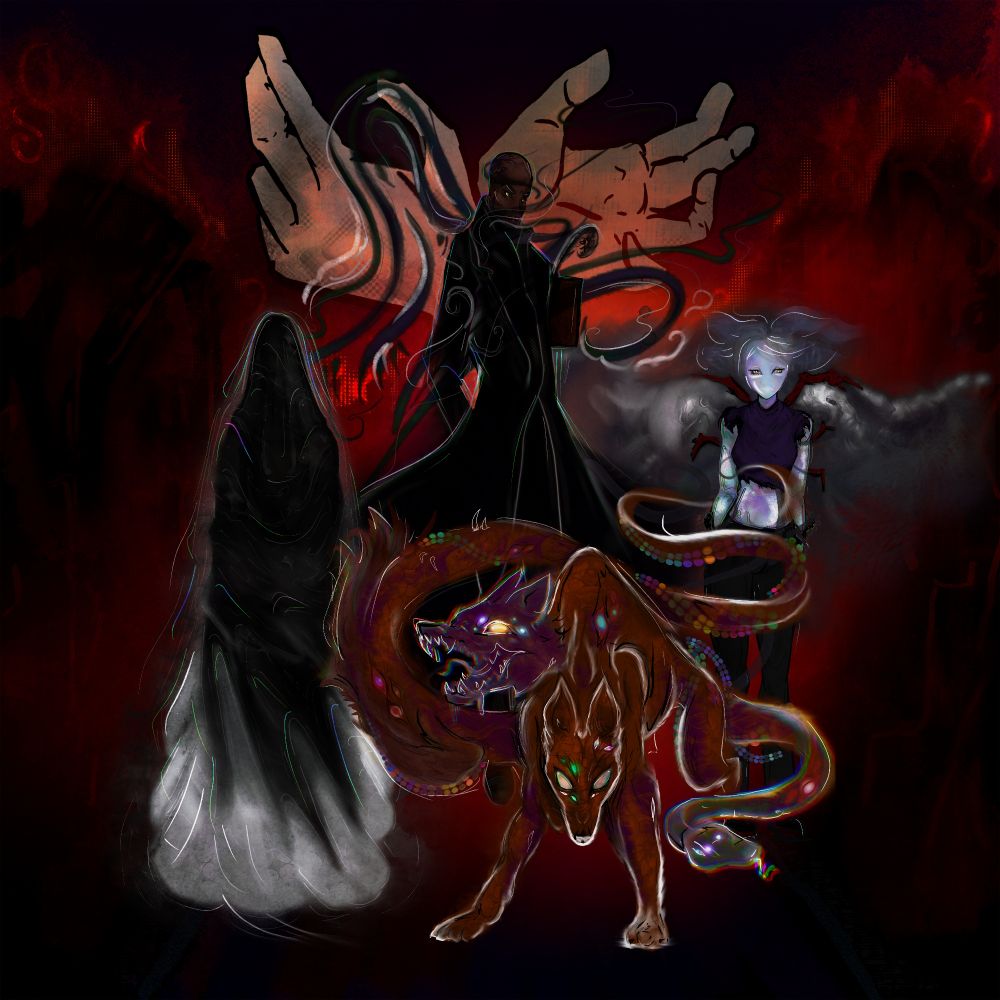 Four god-like figures in a burning city under a red sky.