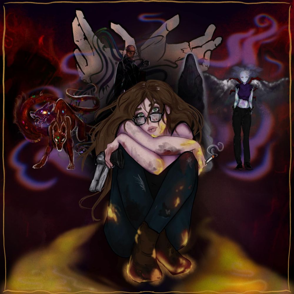 A brown haired white fem holding a gun and a cigarette in front of four god like characters.