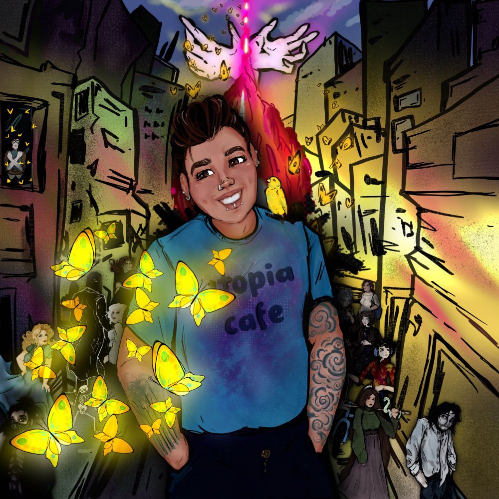 A male presenting Latine on a street corner with yellow butterflies.