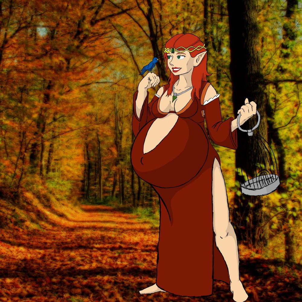 A heavily pregnant elf in a tight red dress in a totally not stock photo of an autumnal forest is admiring a blue bird perched on her hand.
The bird, free from its cage, exclaims "awww yisss"