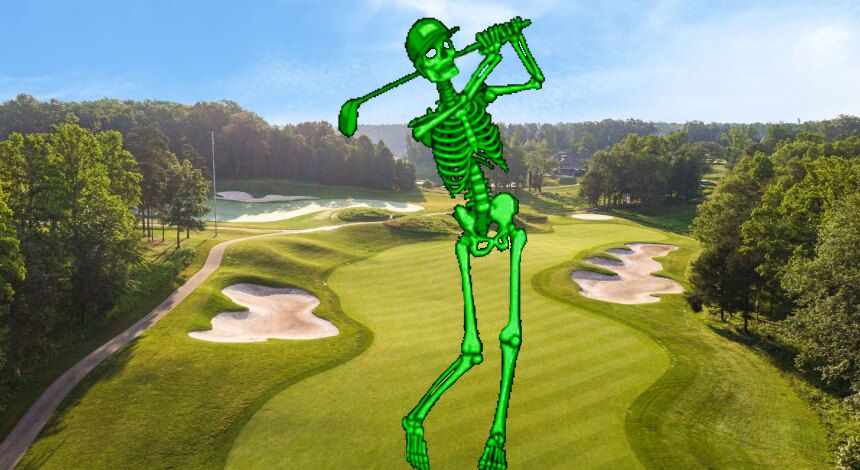 Green skeleton swinging a golf club on a golf course