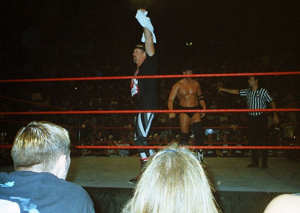 Terry Funk and Bradshaw in the ring before their match vs. Too Much in July 1998, Binghamton, N.Y.