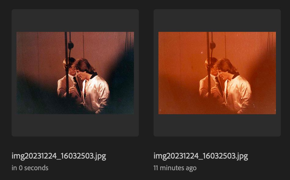 Screenshot showing before & after thumbnails of an old, discolored photo that has been scanned and digitally restored 