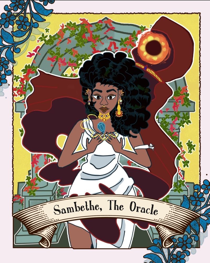 Tarot- style illustration of DND OC, Sambethe, with the words "Sambethe, the Oracle" in a vintage banner 

Original Artist: THEPOETJEAN