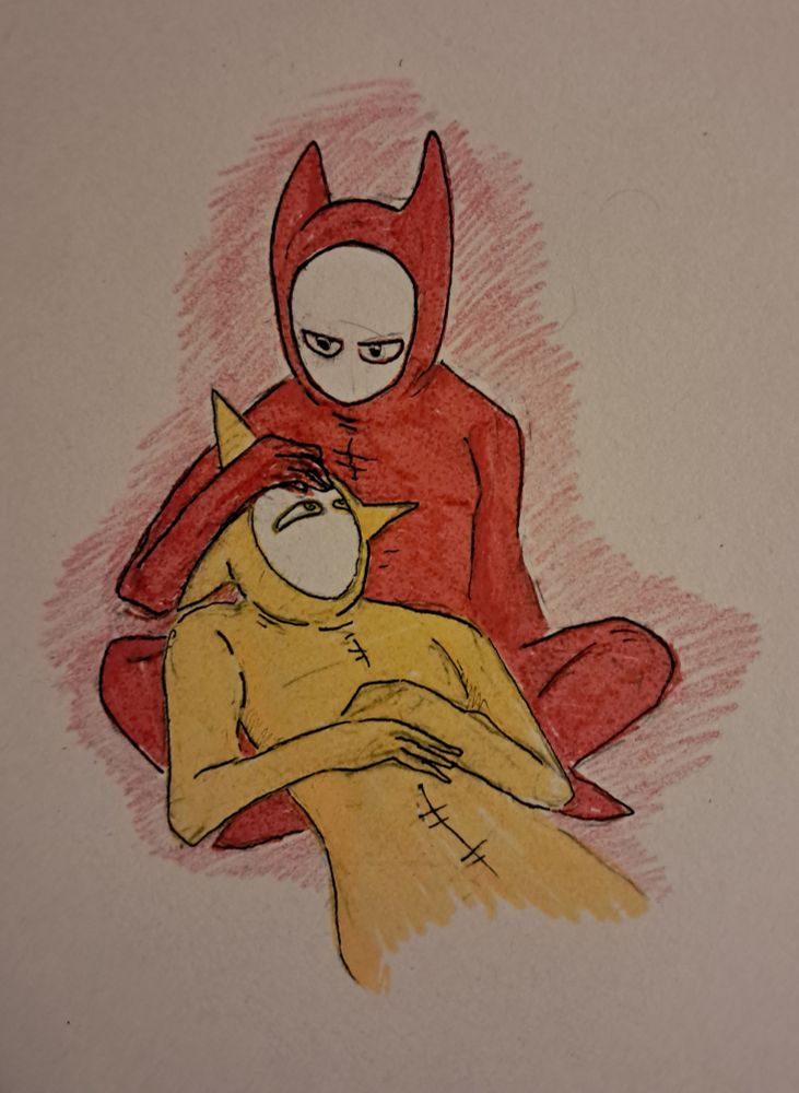Two impish horned looking creatures, both in pyjamas, one red and the other yellow who is being held by the red one