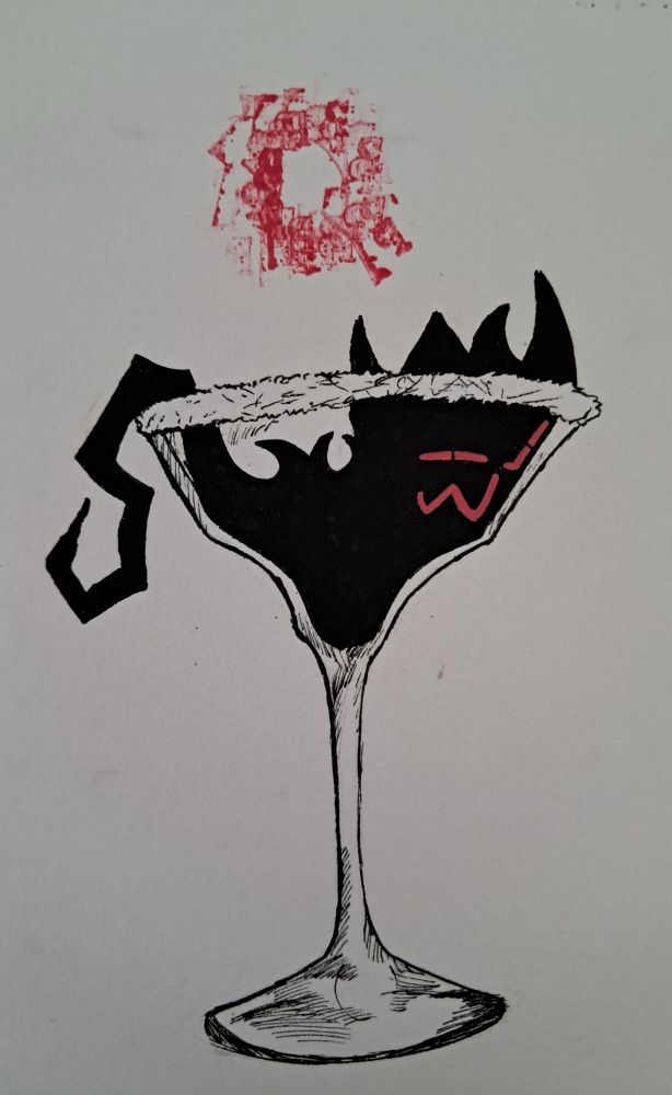 A shadowy cat figure with red eyes and mouth is sitting in a margarita glass with a salted rim,  there is a "Q" Painted above made entirely out of smaller Q's