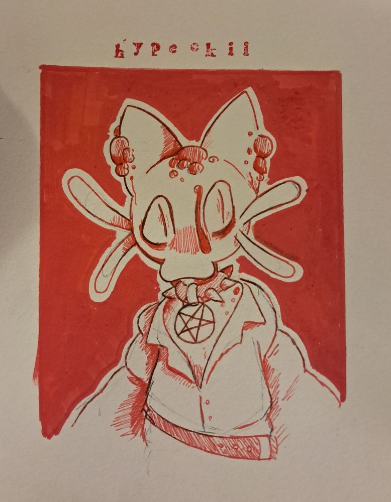 A stylised anthropomorphic mushroom cat on a red background