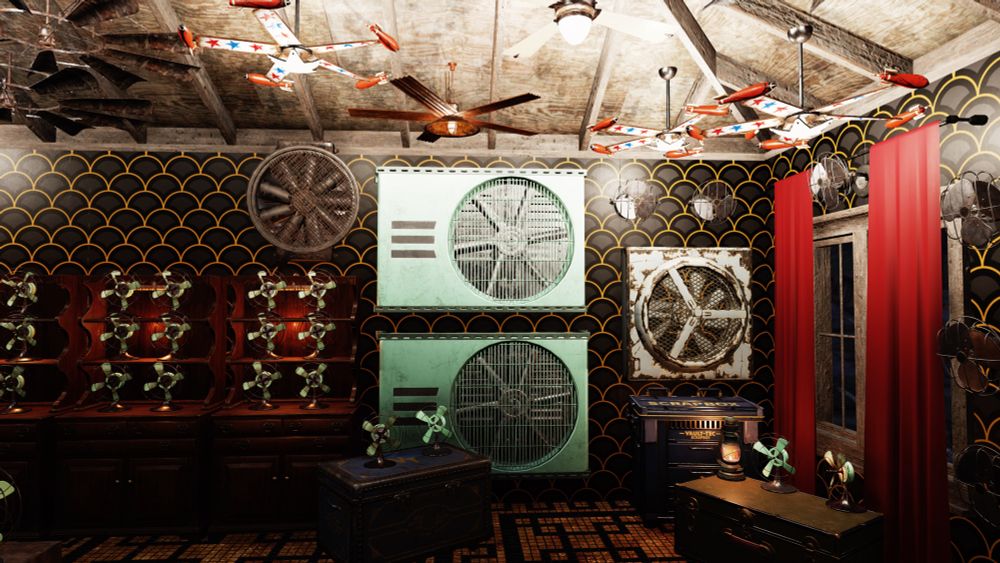 Another photo of the room with many fans adorning the space.