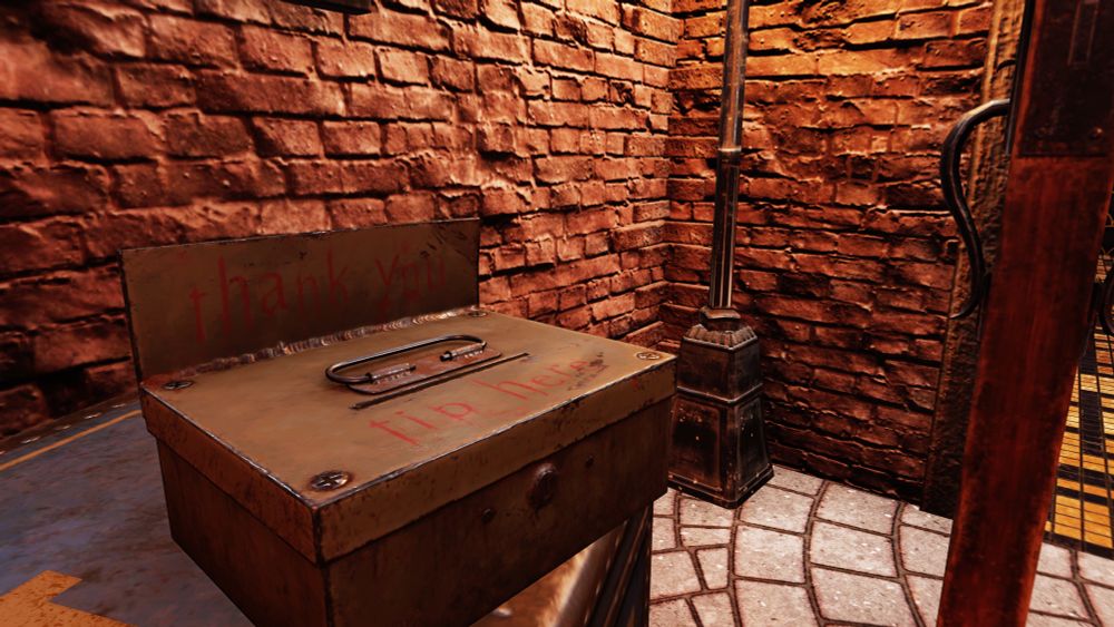 Screen capture from Galore 76: A rusty looking box that says “tip here.”