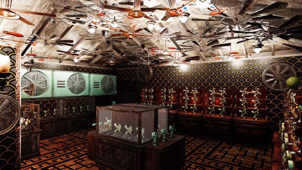 A screenshot from fallout 76. A small camp room filled with various games. Ceiling fans, all fans, and many fans in display cases.