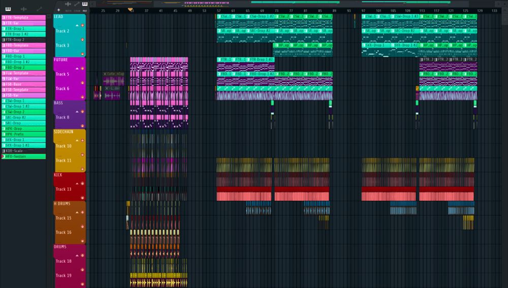 Screenshot of FL Studio project with lots of bright colors of varying temperatures