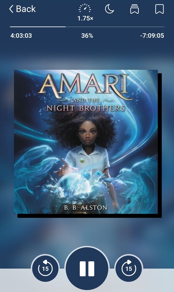 A screenshot of the Libby app with the audiobook Amari and the Night Brothers by B. B. Alston playing at 36%