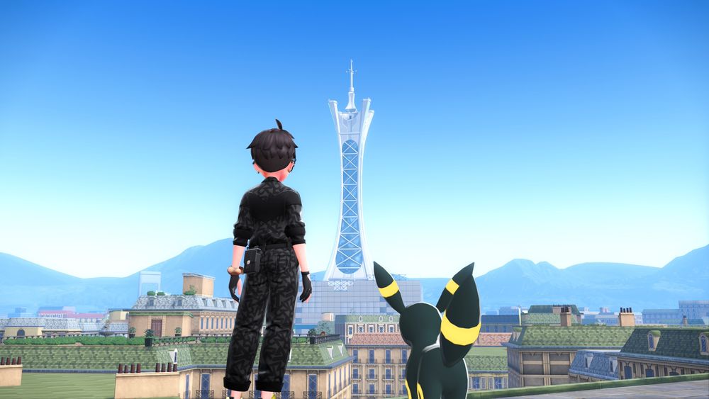 ポケモンZA：屋上で背を向けて並ぶ主人公とブラッキー、背景にプリズムタワー