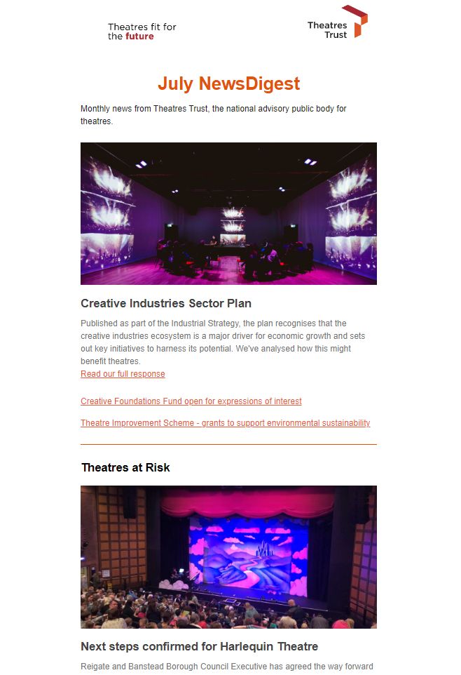 E-newsletter with Theatres Trust logo at the top, headline July NewsDigest and various articles and theatre images
