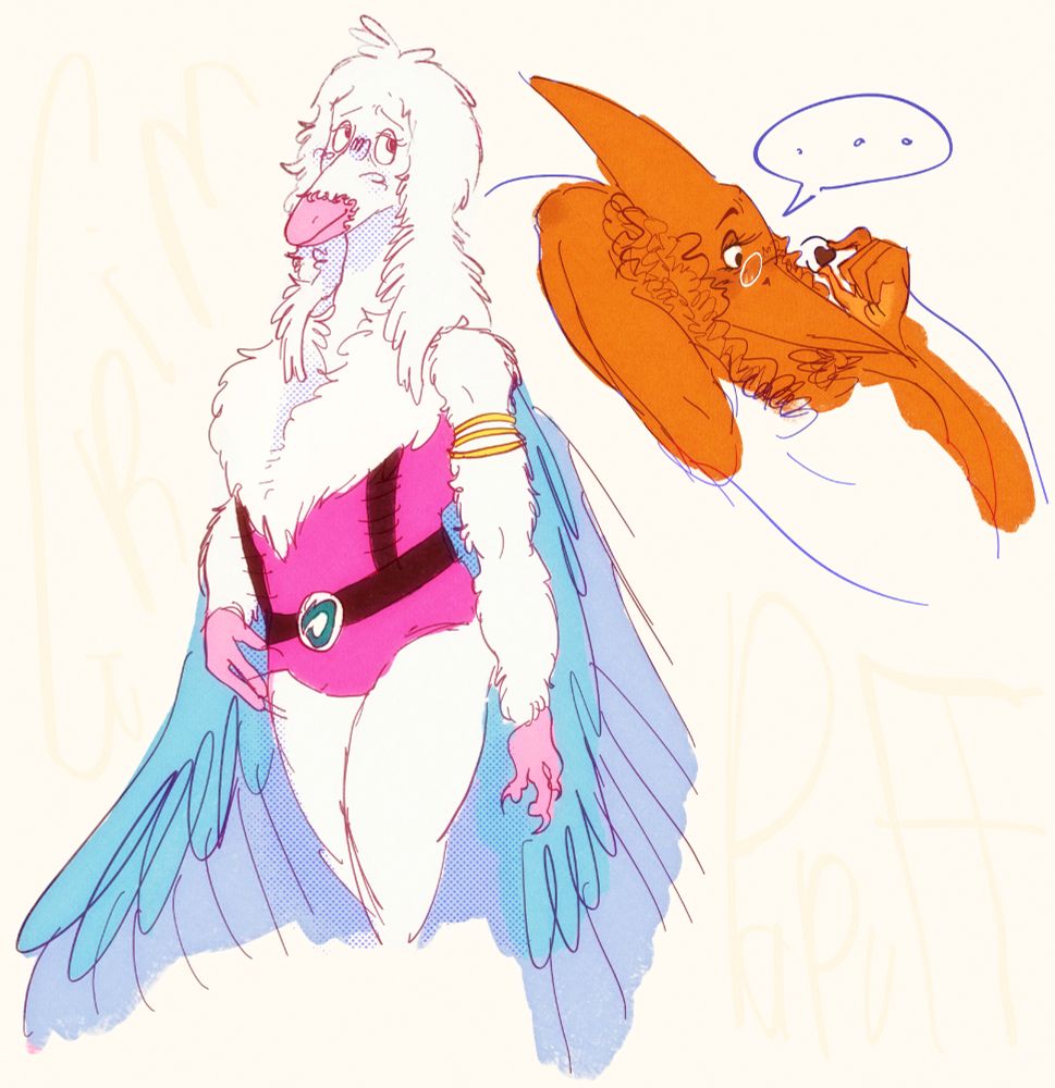 The digital doodle of Teryx and Terrible Dactyl with less detailed clothes. Teryx stands still and looks up. Terrible Dactyl in half-body, lay on the void, staring at the chocolate heart-shaped, and dons the small glasses. The background is pale yellow with the half-opacity of the artist's signature.