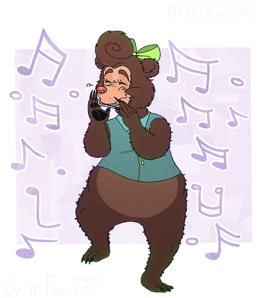 The full body-size of Lucky close her eyes, dancing and play the jaw harp. The background is dark lavender musical notes around her, middle lavender square against white background.
