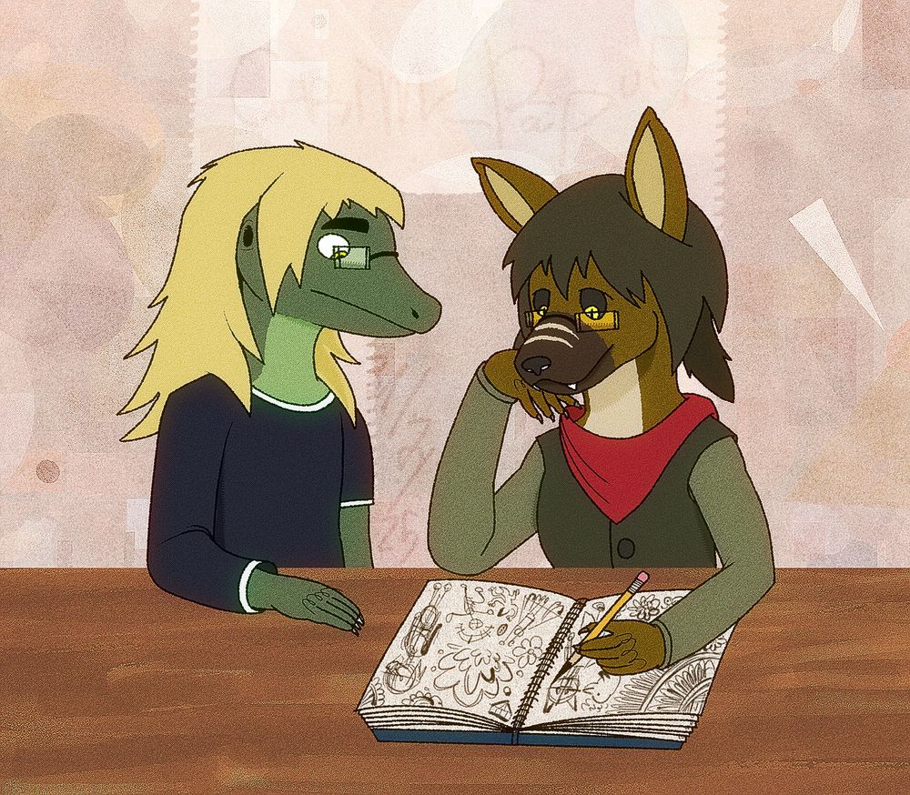 The half-body size of RTDragon and Skecth, as Skecth bored doodling on skecthbook while RTDragon stared at Skecth's doodle skecthbook in natural expression. The background is wooden table, white pearl wall, floor, and door in hue jitter.