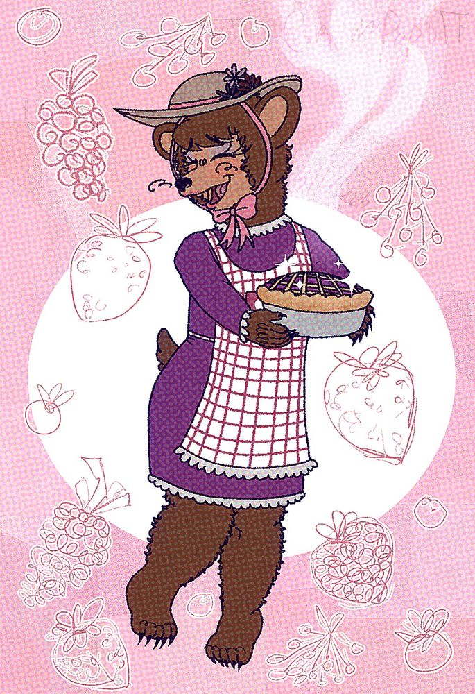 The full-body size of Dorothy holds the berry pie, which has been smoked with a sparkling appearance. She turns to the viewers; however, she closes her eyes and faces to the left instead. The background is pink with a white oval in the middle, with other types of berries around it.