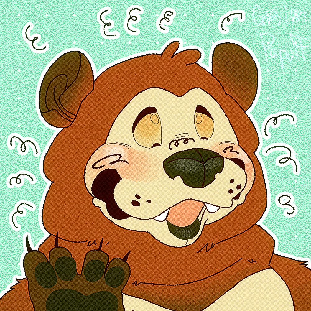 The close-up of Banjo "Jo" Harmony nearly facing to the right, closes his eyes while happy, and holds the left paw to wave. The background is saturation pale greenish teal with tiny equal stars symbol and plant texture.