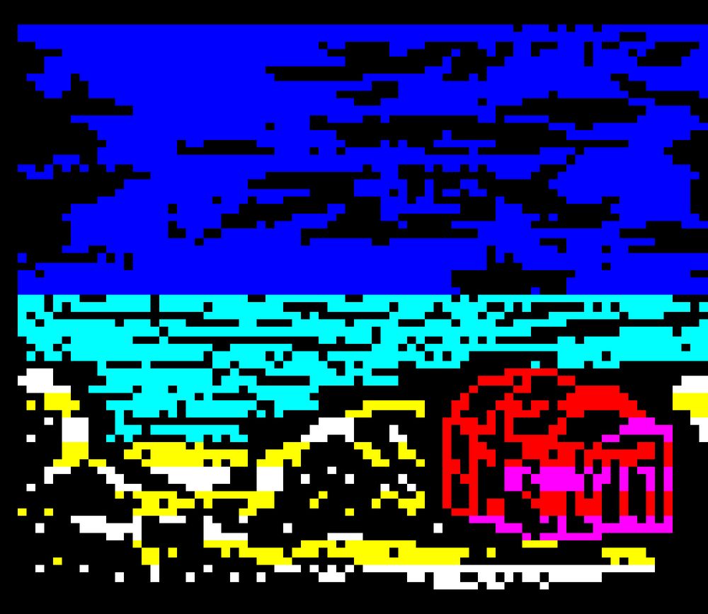 Justadude's teletext artwork of a landscape depicting a red and purple building beneath a sky of two gradiented shades of blue.