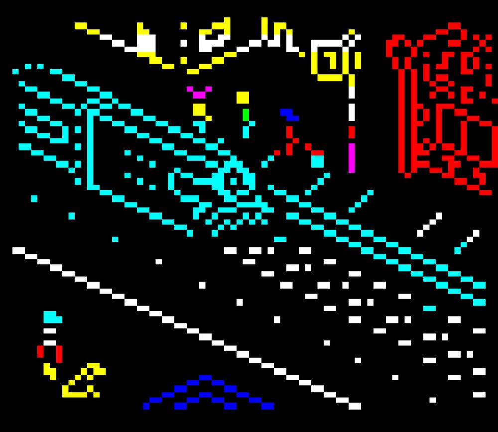 Teletext graphic of an isometric train pulling into a station with colourful buildings and an analogue clock. A pixel art man waits on the other side of the platform with his yellow dog.
