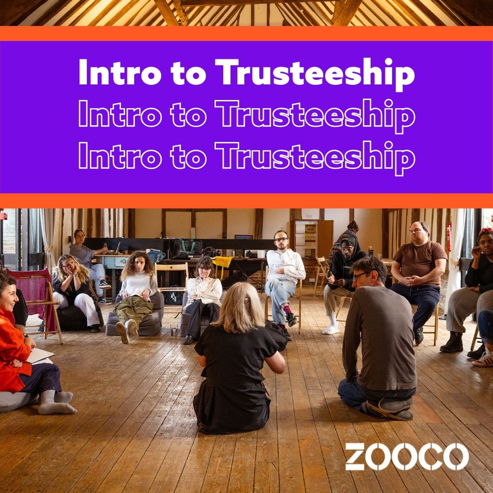 People seated in a circle on wooden floor, engaged in discussion. Text: "Intro to Trusteeship" and "ZOOCO" on a bold purple background.