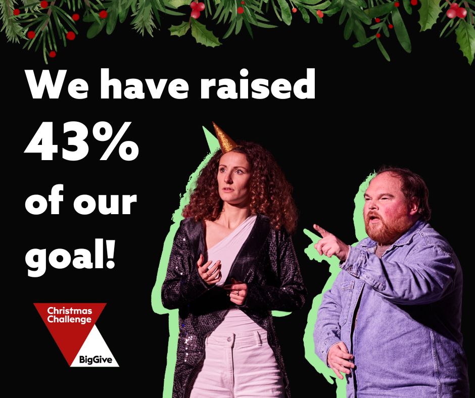 White text on black background reads - We have raised 43% of our goal! A christmas wreath graphic lines the top of the image, bottom left is the Big Give logo. To the right, Fleur, white woman with curly hair wearing a party hat, and Stephen, white man with a beard pointing to the text, look on in amazement.